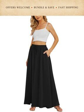 Pleated Chiffon Maxi Skirt High Waisted Flowy Pockets Summer Beach